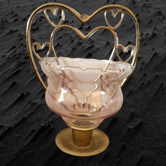 2 Vtg Candle Holders Wall Mount Heart Shaped Brass Clear Glass Shades